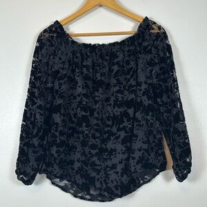 Rock & Republic Black Top Burn Out Velvet Gathered Neck Dark Whimsigoth Y2K M